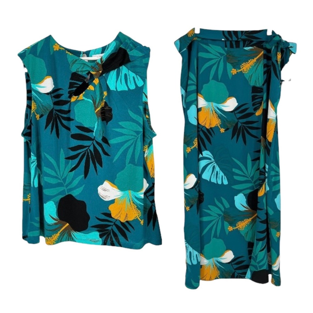 Liz Claiborne Skirt Set Women XXL 20T Teal Floral Tropical Twist Neck Resort NEW